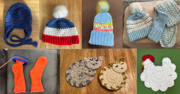 Hats, socks, scarves, coasters knitted and crocheted by yarn groups at the library