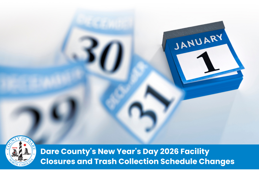 Heading reads, "Dare County's New Year's Day 2026 Facility Closures and Trash Collection Schedule Changes"