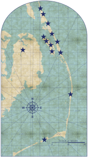 Image of a map of Dare County displaying 13 stars that represent historic passport sites.