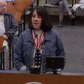Image of Dorothy Hester speaking at the podium during the meeting.