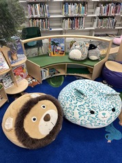 Animal shaped seating poofs in children's section at Hatteras Library