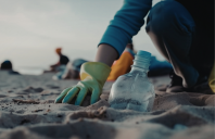 Gloved hands picking up bottles and other trash on the beach