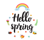 Hello spring with rainbow, butterfly, bee, flowers, and ladybug