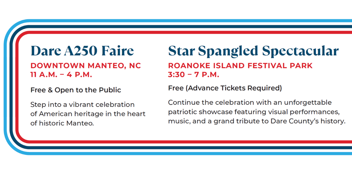 Graphic: Dare A250 Faire Downtown Manteo 11 a.m. to 4 p.m. | Star Spangled Spectacular Roanoke Island Festival Park 3:30 p.m. to 7 p.m.