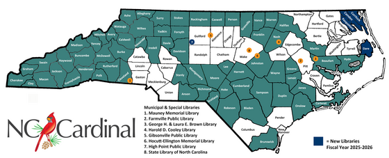 NC Cardinal County Map for 2025-2026 showing Dare County to be a new county added to the NC Cardinal System