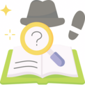 Mystery book club open book with magnifying glass, hat, foot print question mark