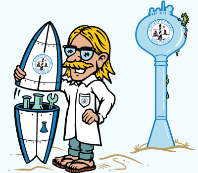 Image of Dare County Water Department's Professor Faucet character holding a surfboard in front of a water tower