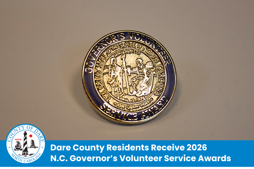 Image of a service award pin. Heading reads: Dare County Residents Receive 2026 N.C. Governor’s Volunteer Service Awards