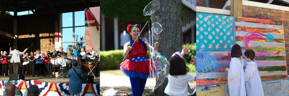 Images of a choir singing on stage, a bubble artist performing for children and two children painting a flag.