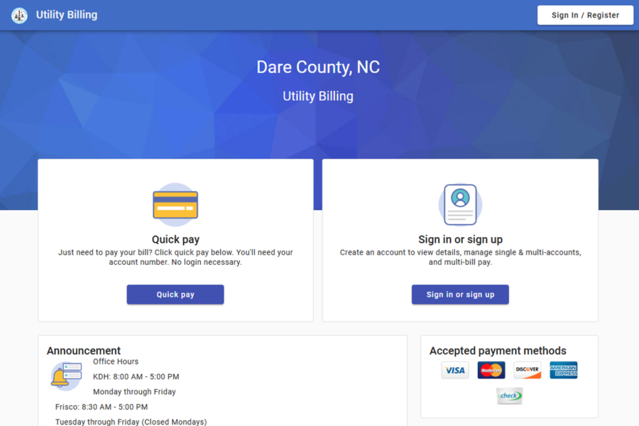 Screenshot of the new payment portal which reads, "Utility Billing" with buttons for Quick Pay or Sign in to Manage Account