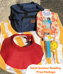 Adult Summer Reading Prize Package cooler, pickleball set, beach towel, sun hat