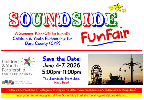 Flyer for the 2026 Soundside FunFair with event dates, location, and carnival imagery.