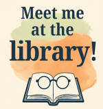 Meet me at the library! Open book and folded eyeglasses
