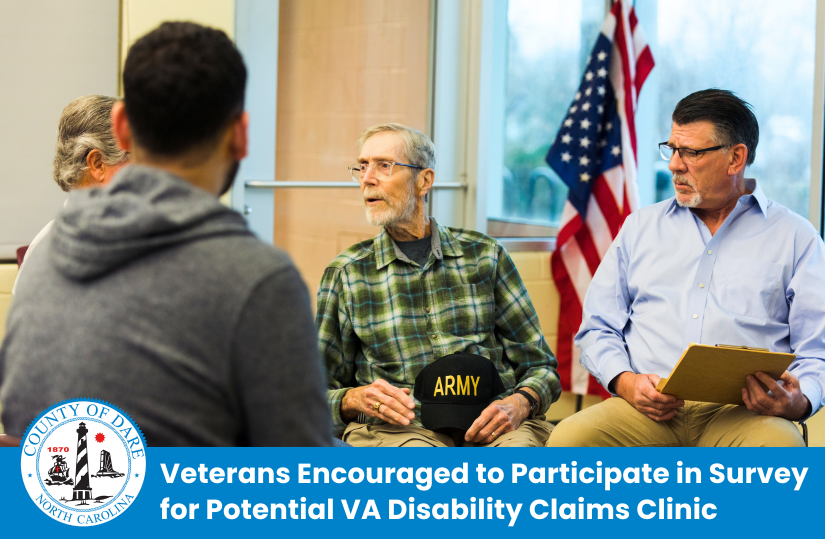 Image of elderly veterans speaking in a group setting. Title: Veterans Encouraged to Participate in Survey for Potential VA Disability Claims Clinic