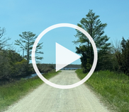 Image of a dirt path surrounded by water in East Lake. A play button signifies that a video will play when clicked.
