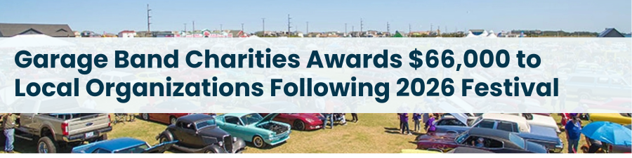 Heading: Garage Band Charities Awards $66,000 to Local Organizations Following 2026 Festival. Aerial image of custom hot rod cars on a lawn.