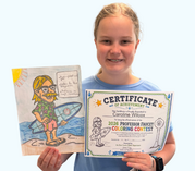 A young girl smiles as she holds up a drawing of the Professor Faucet character along with her winning certificate.