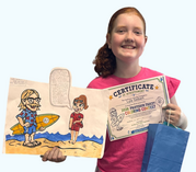 A young girl smiles as she holds up a drawing of the Professor Faucet character along with her winning certificate.
