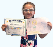 A young girl smiles as she holds up a drawing of the Professor Faucet character along with her winning certificate.