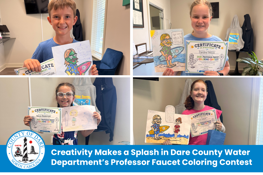 Heading: Creativity Makes a Splash in Dare County Water Department’s Professor Faucet Coloring Contest. | 4 smiling children holding art.