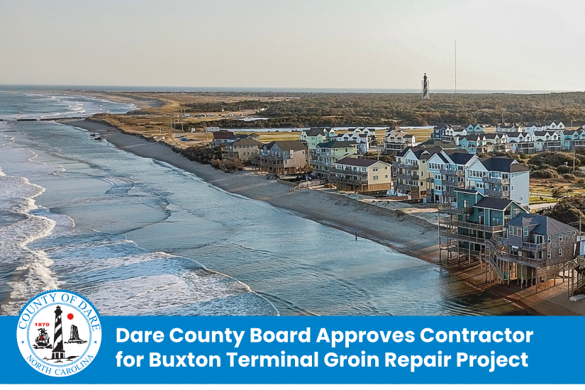 Aerial shot of existing the terminal groin in ocean. Heading: Dare County Board Approves Contractor for Buxton Terminal Groin Repair Project