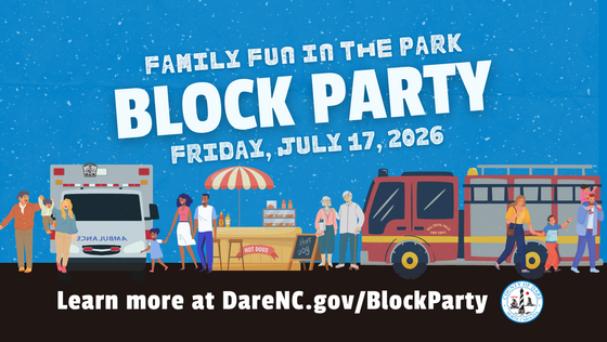 Cartoon people walking, getting hotdogs and looking at emergency vehicles. Heading: Family Fun in the Park Block Party | July 17, 2026