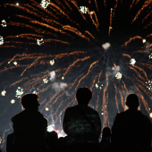 Image of people seated looking up at fireworks in the night sky.