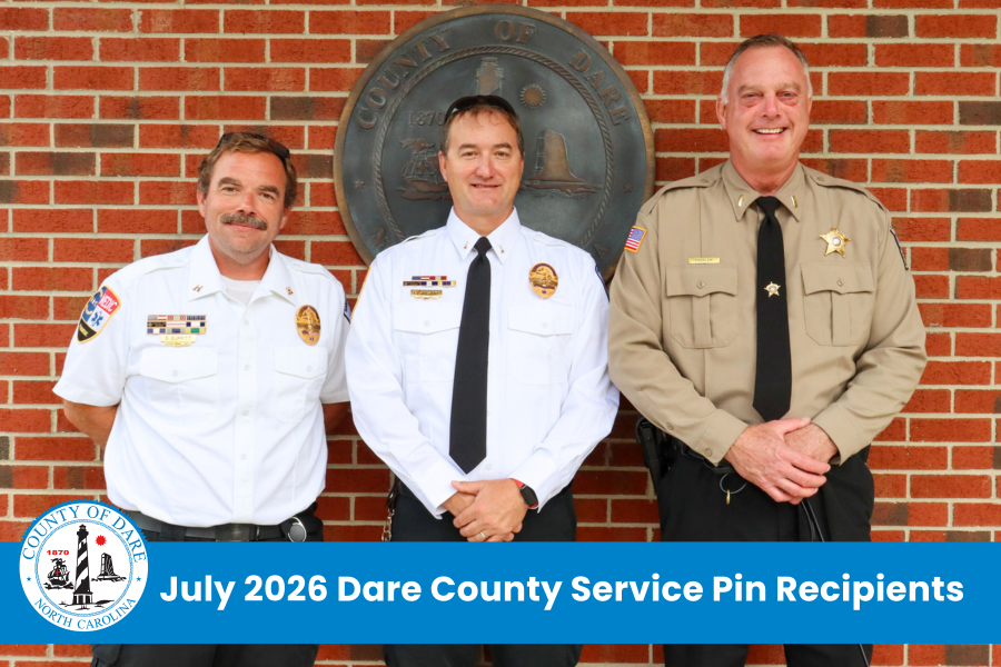 Image of three men standing together. Heading reads, "July 2026 Dare County Service Pin Recipients"