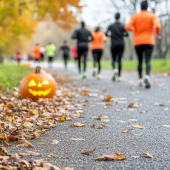 Image of people running along a paved pathway in the fall. Fallen leaves lay on the sides of the path along with a jack-o-lantern pumpkin.