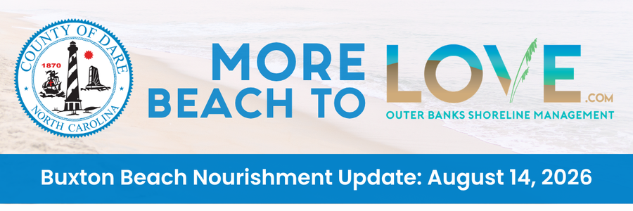 Heading reads: More Beach to Love | Outer Banks Shoreline Management | Buxton Beach Nourishment Update: August 14, 2026