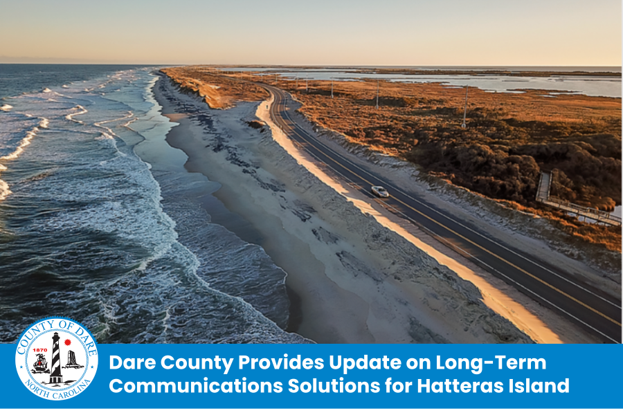 NC Hwy 12 on Pea Island with ocean. Heading: Dare County Provides Update on Long-Term Communications Solutions for Hatteras Island