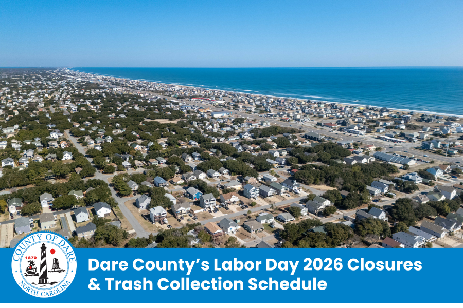 Aerial image of homes and the ocean in Kill Devil Hills. Heading: Dare County’s Labor Day 2026 Closures & Trash Collection Schedule 