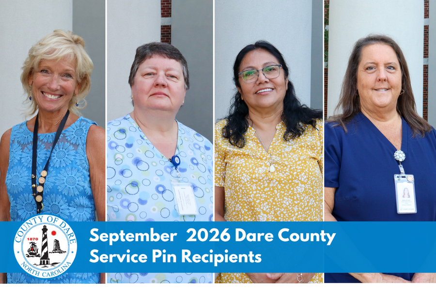 Four women stand together. Heading reads, "September 2026 Dare County Service Pin Recipients"
