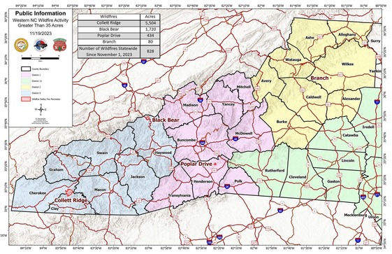 Public Information Map -- Western NC Wildfire Activity Greater Than 35 Acres