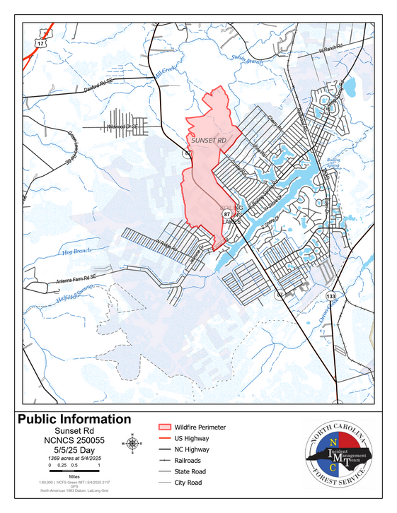 Map of Sunset Road Fire, 1369 acres in Boiling Spring Lakes