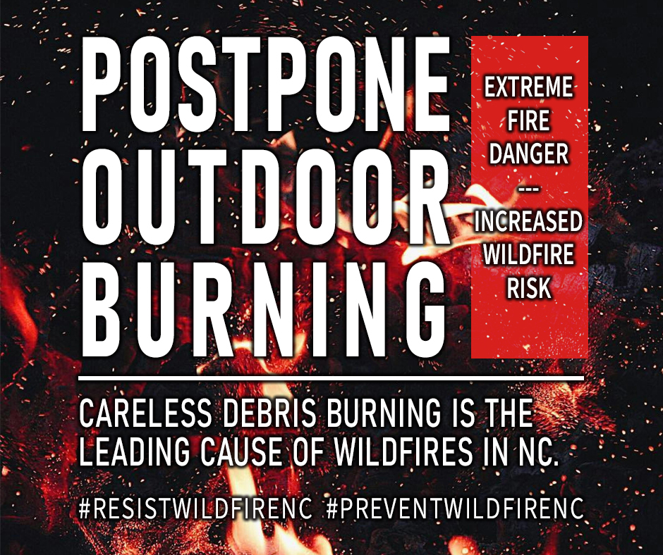 Postpone outdoor burning text overlaying an image of fire and embers