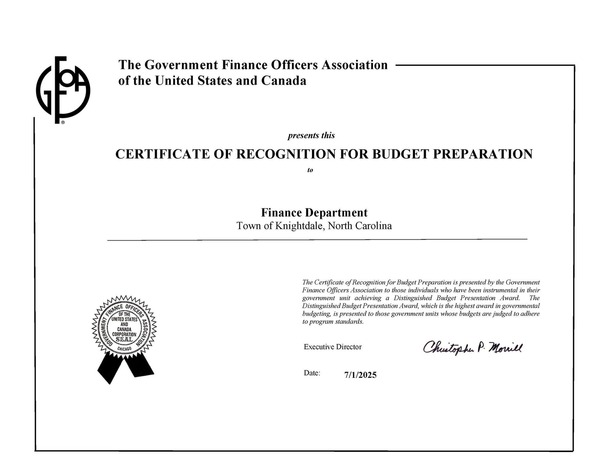 Finance Certificate for Distinguished Budget Presentation Award