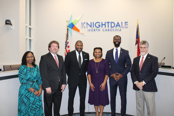 Members of New Knightdale Town Council: Latatious Morris, Ben McDonald, Stephen Morgan, Steve Evans, Mayor Jessica Day, Grady Bussey