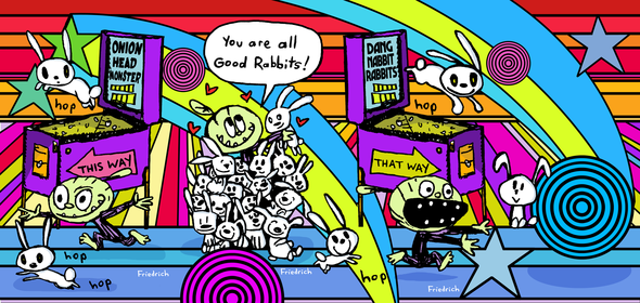 Colorfol artwork for signal cabinet box that says "You are all good rabbits!' by Paul Friedrich