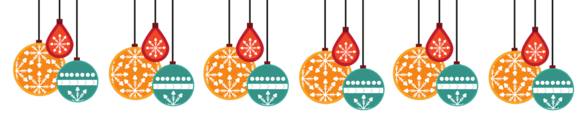 Holiday Header with ornaments in orange, red and teal with white snowflakes on them
