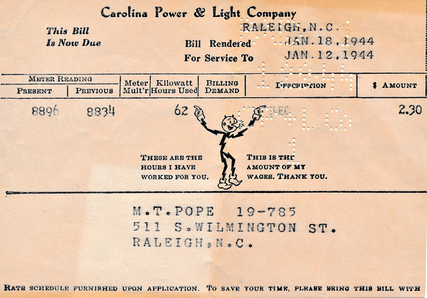 A printed bill from the Carolina Power and Light Company addressed to M.T. Pope. 