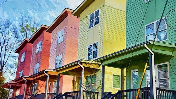 Reflecting Raleigh - An image of a row of colorful townhomes