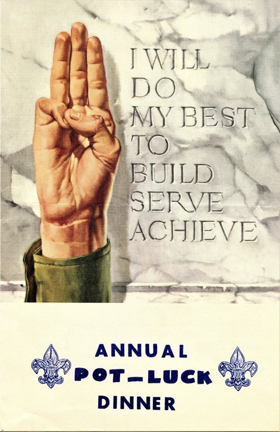Color illustration of a right hand in Boy Scout's salute in front of a carved marble wall reading "I WILL DO MY BEST TO BUILD SERVE ACHIEVE"