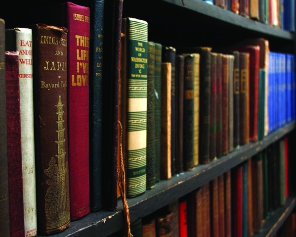 bookshelf of older hardback books