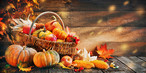 Basket of gourds and autumn leaves
