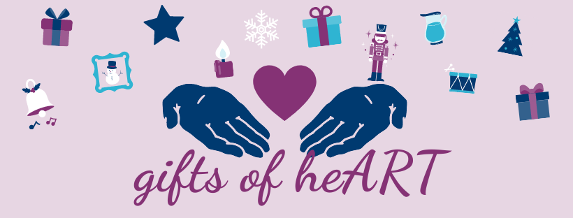 Gifts of HEART banner: two open hands holding a heart and several other holiday icons