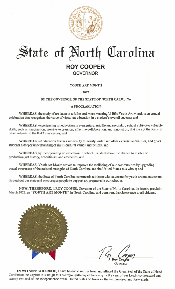 Youth Art Month Proclamation from Governor Roy Cooper