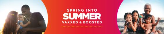 Spring Into Summer banner with pictures of diverse families on both sides. 