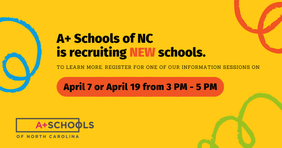 Yellow background with creative shapes, saying: A+ Schools of NC is recruiting NEW Schools 
