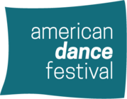 American dance festival logo of white words on teal flag